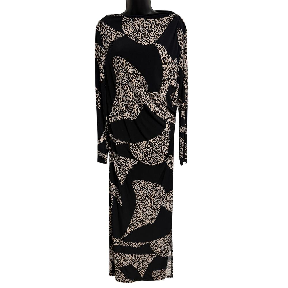 Donna Morgan Women Maxi Dress 16 Bodycon Long Sleeve Black Cream Stretch New